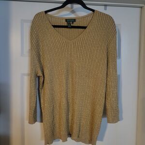Lauren Ralph Lauren Silk Blend Gold Metallic V Neck Quarter Sleeve Blouse Top 3X